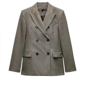NWT Zara ZW Collection Fitted Wool Blend Double-Breasted Gray Blazer
